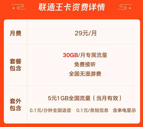 2022款联通王卡29元套餐30G专属流量